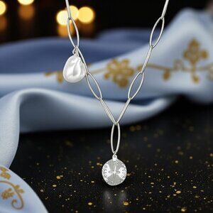 Silver Stainless Steel Lariat Necklace Paperclip Chain Faux Pearl Coin Charm